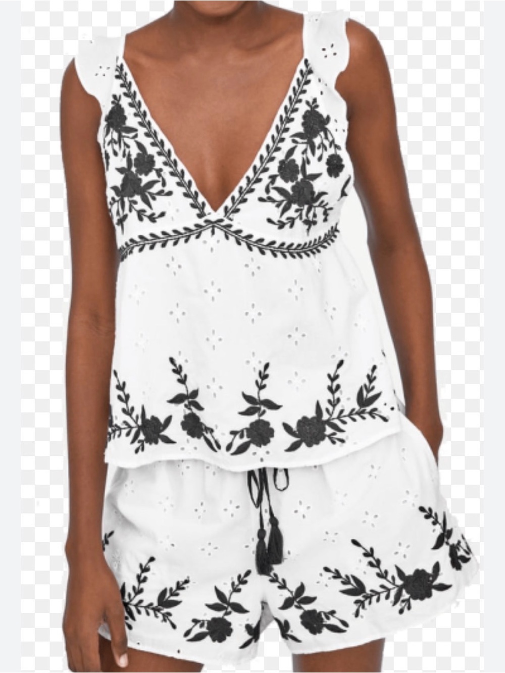 White Eyelet Two-Piece Set with Black Floral Embroidery